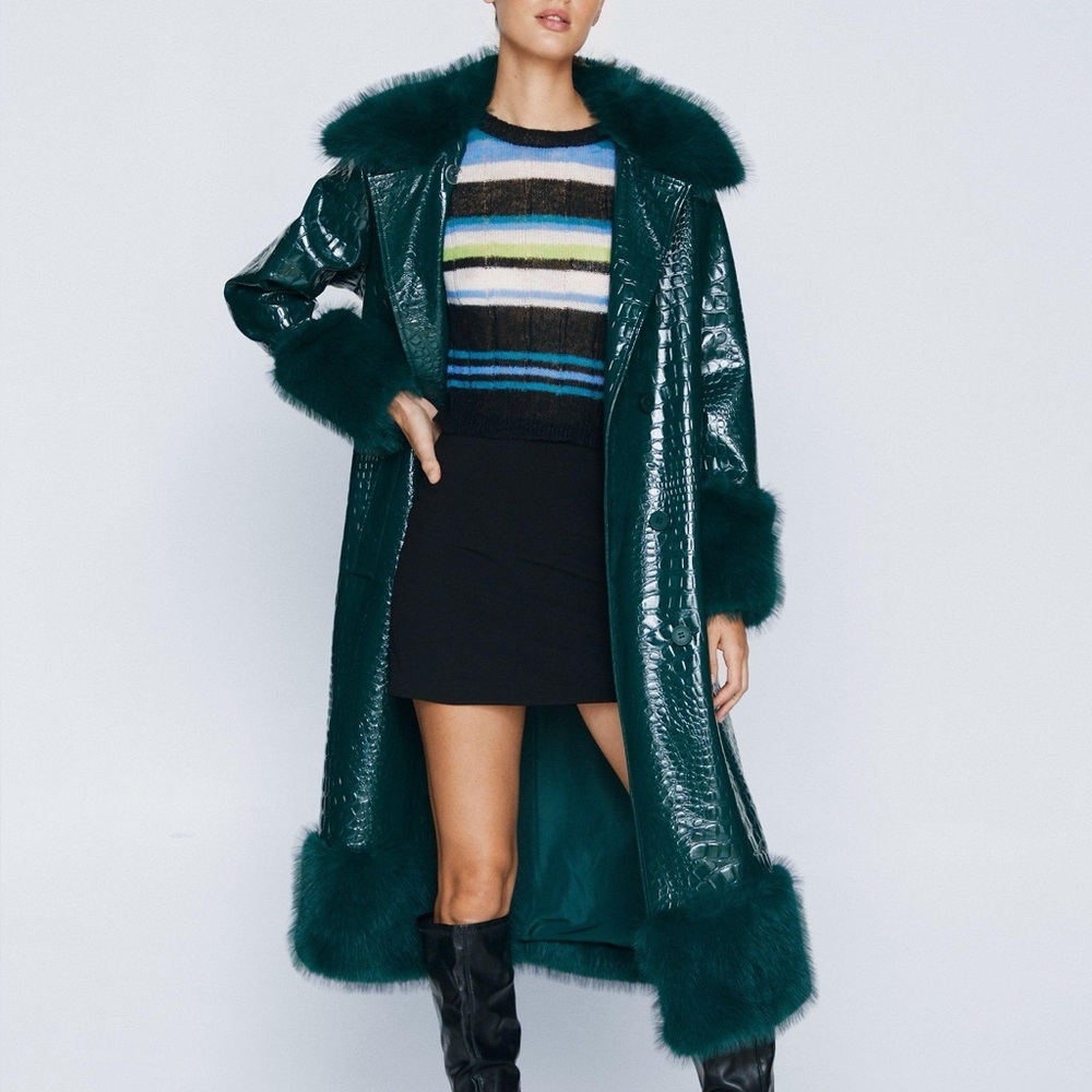 Nasty Gal Faux Vinyl Croc Coat With Faux Fur Trim - Dark Green